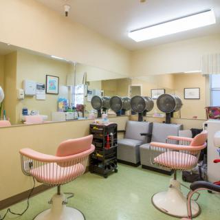 A vintage-style beauty salon with pastel-colored chairs and hair dryers lining the walls.
