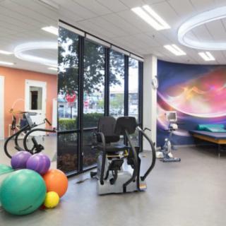 A modern gym area with vibrant walls, filled with exercise equipment and large windows allowing natural light.