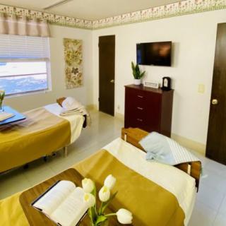 A decorated hospital room with two beds, a TV, and a bright atmosphere.