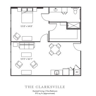 The Clarksville floor plan featuring a spacious layout with living room, kitchen, bedroom, and bathroom.