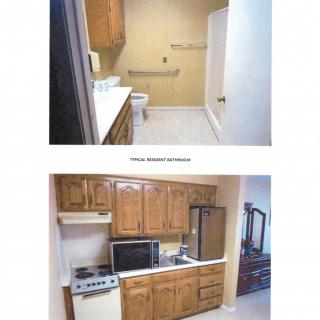 Images depicting a bathroom and a kitchen interior.