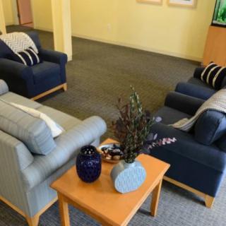 A cozy living room with multiple sofas and a coffee table adorned with decorative items.