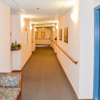 A well-lit indoor hallway with carpeting, paintings on the walls, and handrails.
