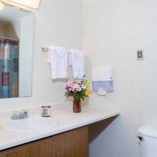A clean and well-organized bathroom featuring a vanity area with a mirror, towels, and a vase of fresh flowers.