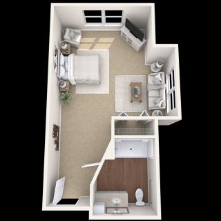 3D floor plan of a studio apartment featuring a bedroom, living area, and bathroom.