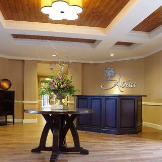 A welcoming reception area featuring elegant wood flooring and a decorative ceiling, complete with a floral centerpiece on a wooden table.
