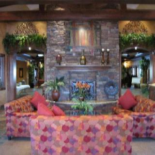 A cozy lounge area featuring a stone fireplace, colorful couches, and vibrant decor with plants.