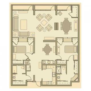 A detailed floor plan for a two-bedroom apartment, featuring a living room, dining area, kitchen, and bathrooms.