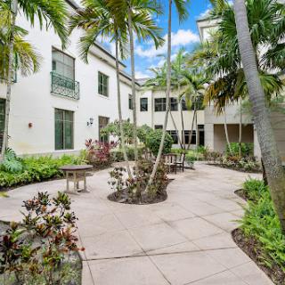 A serene courtyard adorned with lush palm trees and vibrant plants, providing a perfect spot for relaxation in a modern architectural setting.