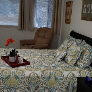 A cozy bedroom featuring patterned bedding, a tray on the bed, and a comfortable chair by the window.