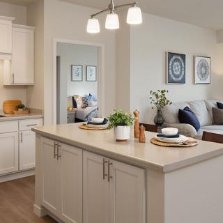 Modern open-concept kitchen and living area with stylish decor and a central island.