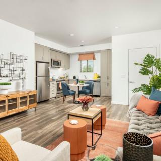 A modern open-concept living room and kitchen with stylish decor and furniture.