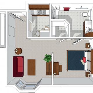 A floor plan of a one-bedroom apartment featuring a living room, kitchen, bathroom, and a bedroom with furniture layout.