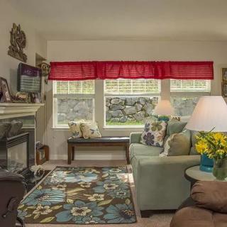 Cozy living room with a fireplace, decorated with a floral rug and colorful accents.