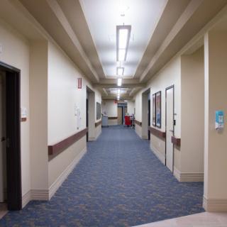 A well-lit corridor in a hospital, featuring doors to different rooms and a carpeted floor.