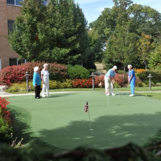 Group of people playing on a putting green outdoors surrounded by trees and gardens.