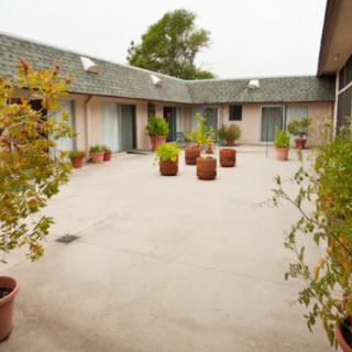 A courtyard with potted plants arranged around a concrete patio surrounded by buildings.