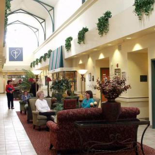 An interior view of a spacious lobby with people sitting on comfortable furniture, surrounded by plants and decorative elements.