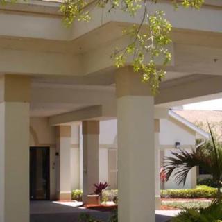 A view of a building entrance with columns and surrounding greenery.