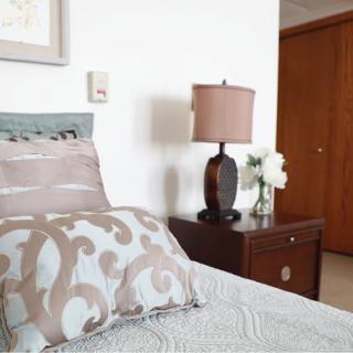 A cozy bedroom with decorative pillows and a lamp on the nightstand.