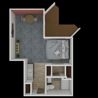 A floor plan of a small apartment featuring one bedroom, a living room, kitchen, and bathroom.
