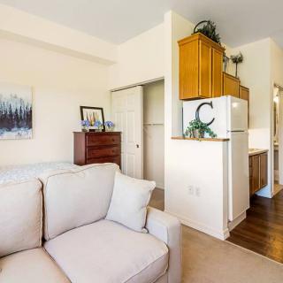 A cozy living area with a light-colored sofa and a small kitchen featuring wooden cabinets and a fridge.