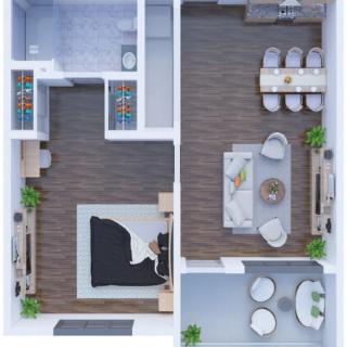 A detailed floor plan of an apartment showcasing a bedroom, living room, dining area, and kitchen with furniture arrangement.