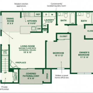 A detailed floor plan of a two-bedroom apartment including a living room, kitchen, dining area, bathrooms, and other amenities.