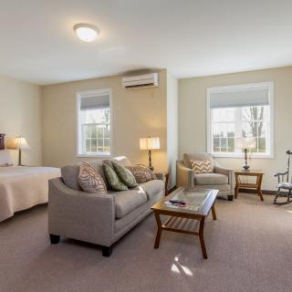 A cozy living space featuring a sofa and bed, with ample natural light from two windows.