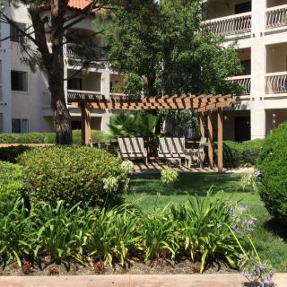 A serene garden area with benches under a wooden pergola, surrounded by lush greenery and apartment buildings.