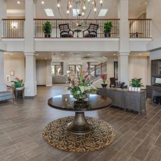 A modern and elegant lobby area with stylish furniture, decorative plants, and a central round table.