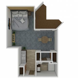 A 3D floor plan of a small apartment featuring a bedroom, living area, kitchen, and bathroom.
