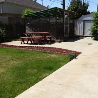 A sunny backyard with a neatly maintained lawn, a picnic table under a small pergola, and a garden shed.