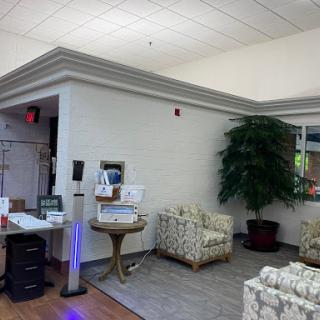 A cozy waiting area with comfortable seating and greenery.