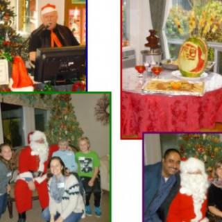 A festive Christmas celebration featuring Santa Claus, joyful children, and holiday decorations.