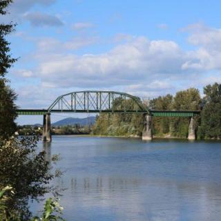 A scenic view of a green bridge spanning across a calm river with surrounding trees and a partly cloudy sky.