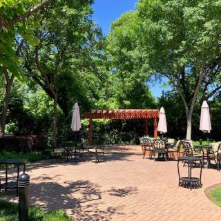 A tranquil garden patio with tables and chairs under the shade of lush trees.
