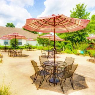 A sunny patio area with tables and chairs under umbrellas.