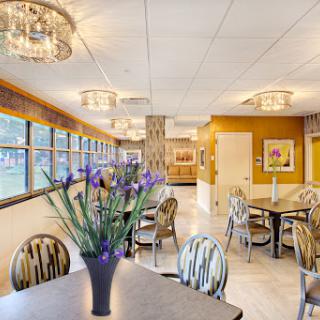 A bright and inviting dining area featuring elegant lighting and stylish furniture.