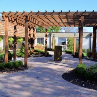 A beautifully landscaped garden featuring a wooden pergola over a paved pathway.