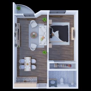 A modern floor plan featuring a living area, kitchen, bedroom, and bathroom.