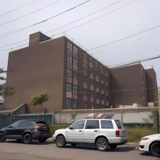 A view of an urban building with parked cars along the street.