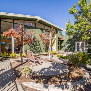 A modern house with a landscaped garden and patio in a sunny setting.