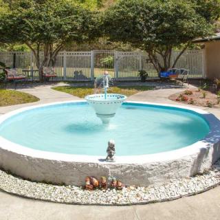 A serene garden fountain surrounded by lush landscaping and trees.