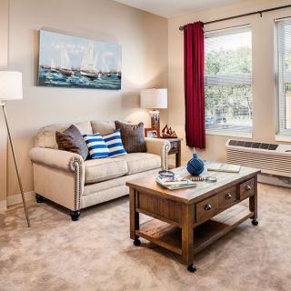 A cozy living room with a comfortable sofa, coffee table, and elegant decor.