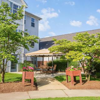 A sunny courtyard with patio furniture, surrounded by a landscaped garden and trees in front of a modern building.