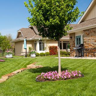 A well-maintained yard with a tree and flowers in front of a house.