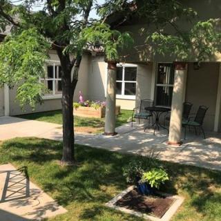 A peaceful courtyard with a garden, featuring trees and outdoor seating.
