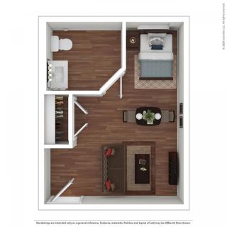 A compact one-bedroom apartment floor plan featuring a living area, bathroom, and bedroom with wood flooring.