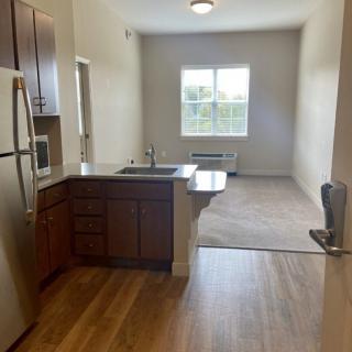 A view of an apartment with an open kitchen and living room area, featuring hardwood floors and a large window.